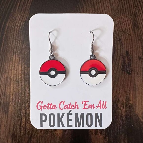 New Handmade "Gotta Catch 'Em All" Poké Ball Dangle Earrings (1.5” l x 0.75” w) - Picture 2 of 4